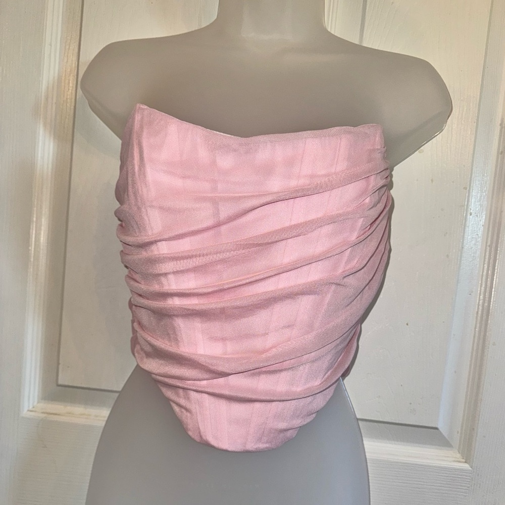 Superdown Light Pink Strapless Ruched Top
